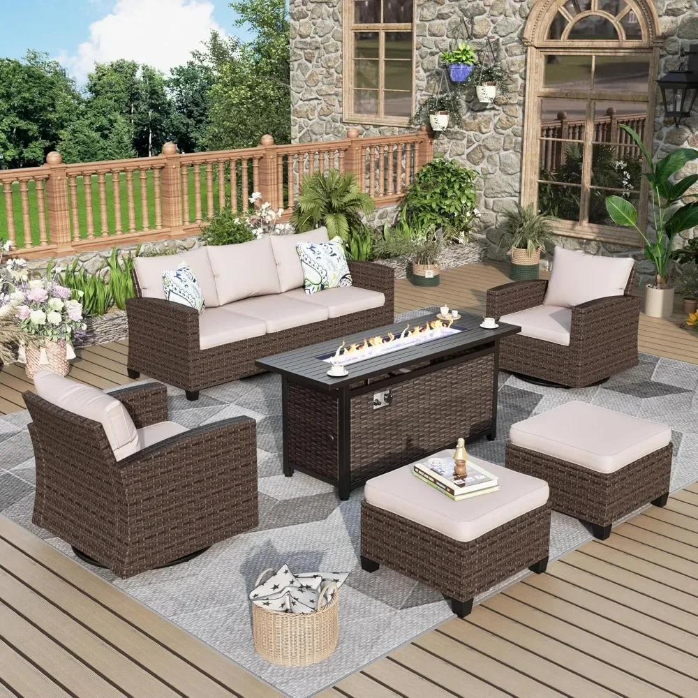 

Patio Furniture Set, 6 Pcs Wicker Outdoor Conversation Set,4" Thick Cushion and 56" Fire Pit Table