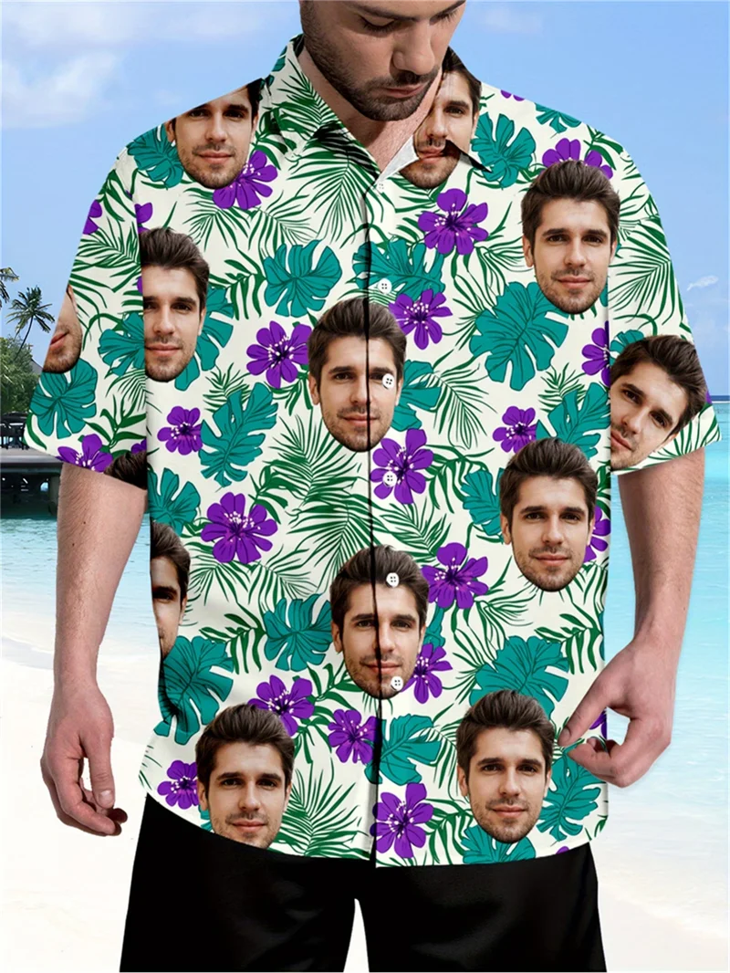 

Мужские гавайские рубашки с принтом лица, с индивидуальным фото, тропическим узором из листьев, на пуговицах, с коротким рукавом, летние повседневные рубашки для мужчин и женщин.
