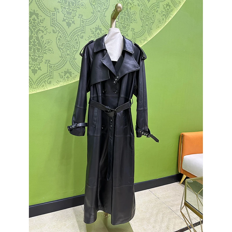 Damen-Jacke aus echtem Leder, Herbst-Winter, importiertes Lammfell, breiter Schultergürtel, schmal, Burgunderrot, langer Leder-Trenchcoat, weich