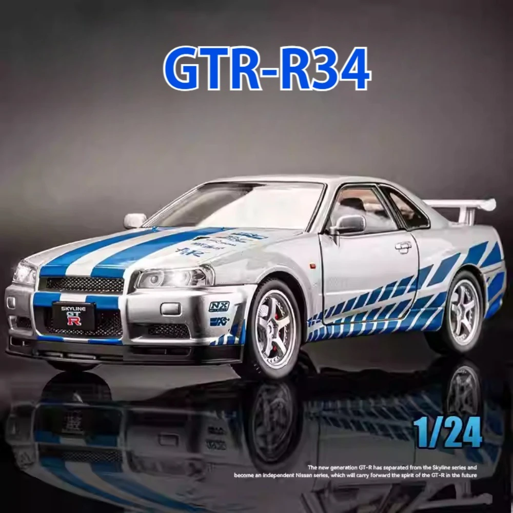 

1:24 GTR R34 Спортивные автомобили из сплава, литые под давлением модели игрушек, 4 двери, открытый звук, свет, откатные автомобили, коллекционные миниатюрные модели для домашнего декора