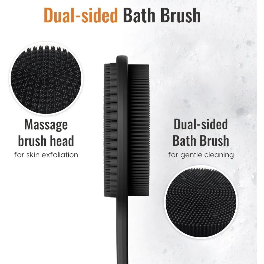 غسيل خلفي من السيليكون للاستحمام بطول 17 بوصة، فرشاة استحمام بمقبض طويل، فرشاة استحمام مزدوجة الجوانب لتقشير الدش وMas