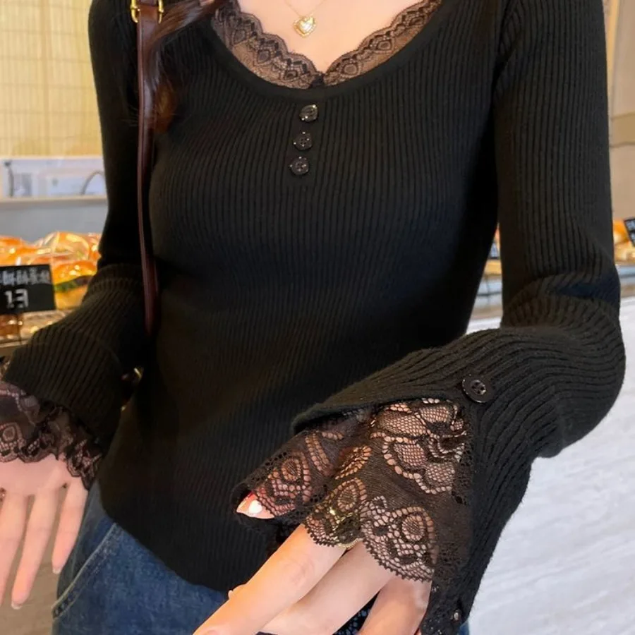 Design Slim Pullover Top Lace Knit T-shirt Women Layering Shirt Autumn O-neck Sweater Long-sleeved Sweaters Y2k Jumper Trendy 4