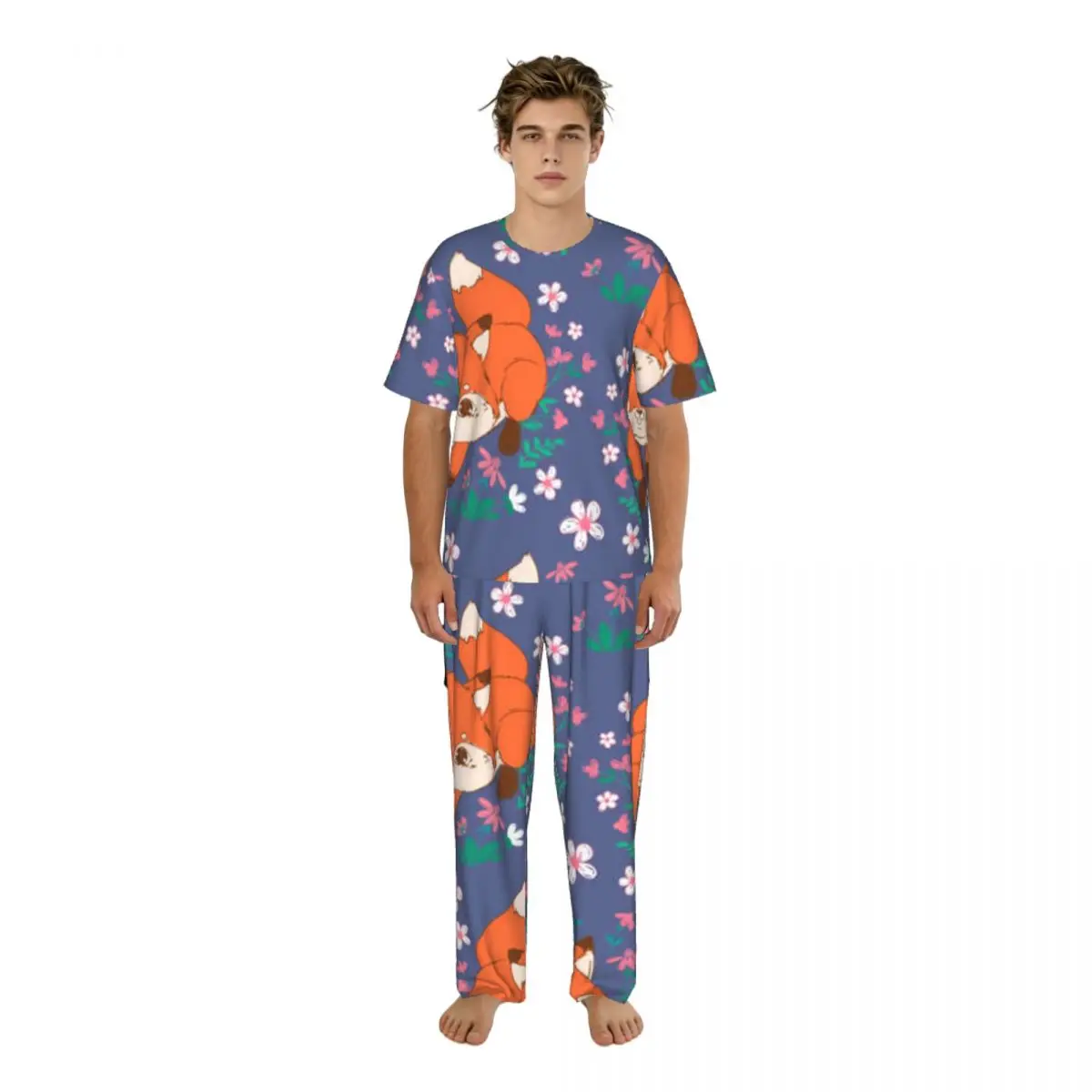 Men's short-sleeved pajamas two-piece trousers Cute Fox And Flowers Pattern home wear suit sleepwear