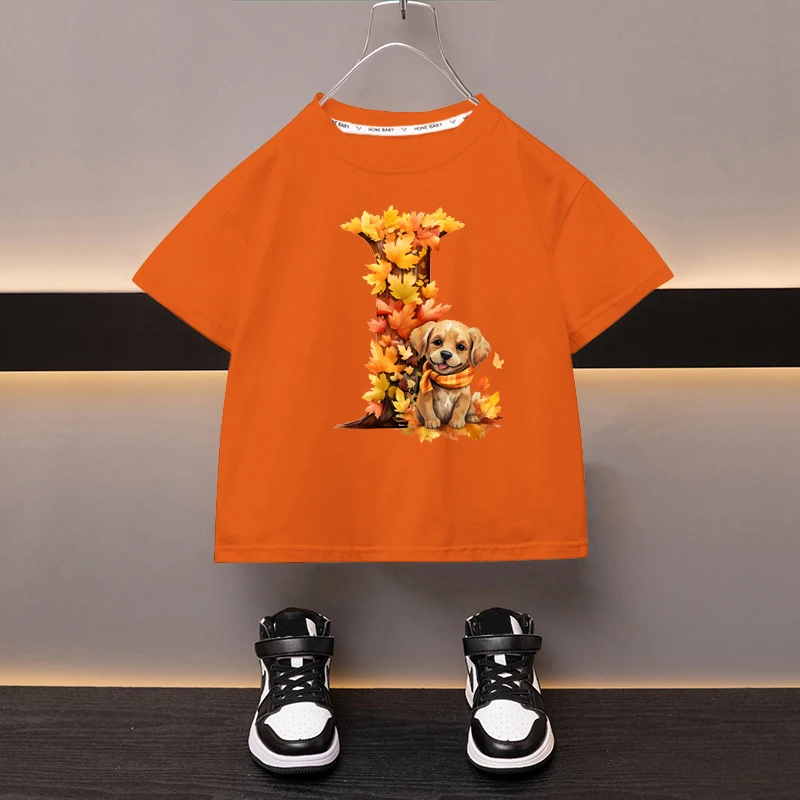 Maple Leaves Letter I Children T-shirt Kawaii Clothes for Girls T Shirt Anime Cartoons Casual Kid Boy Short Sleeve Tops New 2024