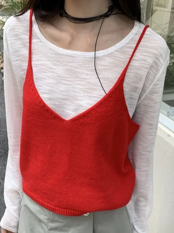 

Spring Faion Women's Loose Long Sve T-irt Knitted Crop Top Set Sli Versatile Korean Sle Two-Piece Ensemble