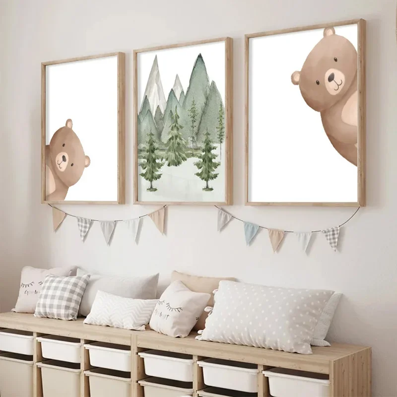 Forest Peeking Bear Print Posters Children Cute Cartoon Animal Canvas Painting Baby Bedroom Nursery Wall Art Decoration Pictures