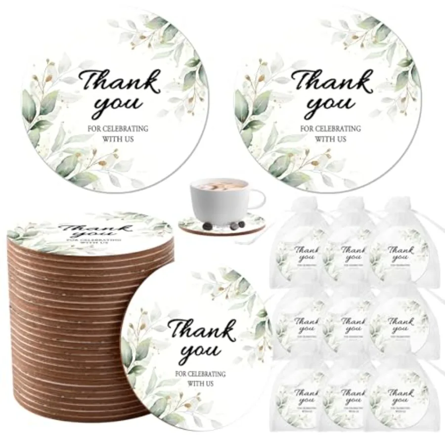 

Набор из 50 свадебных сувениров для гостей оптом - пробковые подставки под кружки с надписью «Спасибо, что вы присоединились к нам» в органзовых мешочках, деревянные подставки в деревенском стиле