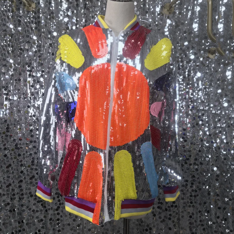 

Autumn And Winter New Letter Long Sleeve Streetwear Zipper Jackets Rainbow Sequins Round Neck Loose Women's Outerwear Coats