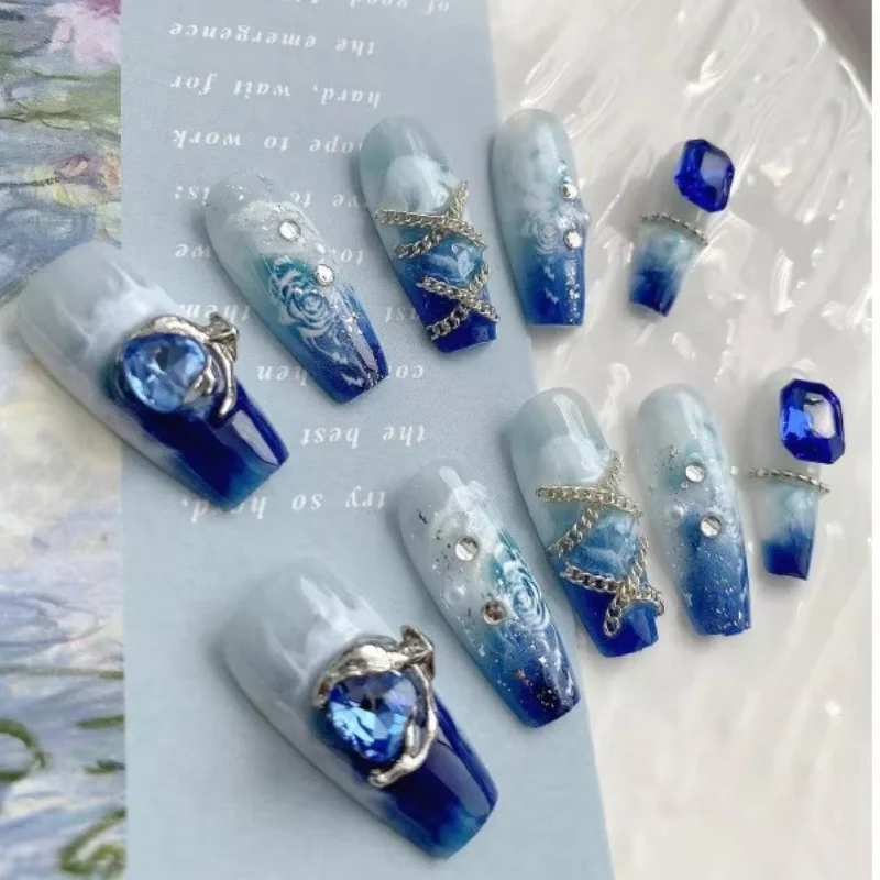 10pcs Handmade Nails Long Coffin Artificial Nail Tips Kit, Featuring Unique Ice Blue Crystal Heart Shaped Jewelry Deco