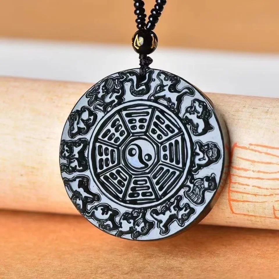 Chinese Black Green Jade Eight Trigrams Twelve Zodiac Pendant Necklace Charm Jewelry Carved Amulet Fashion Gifts for Women Men