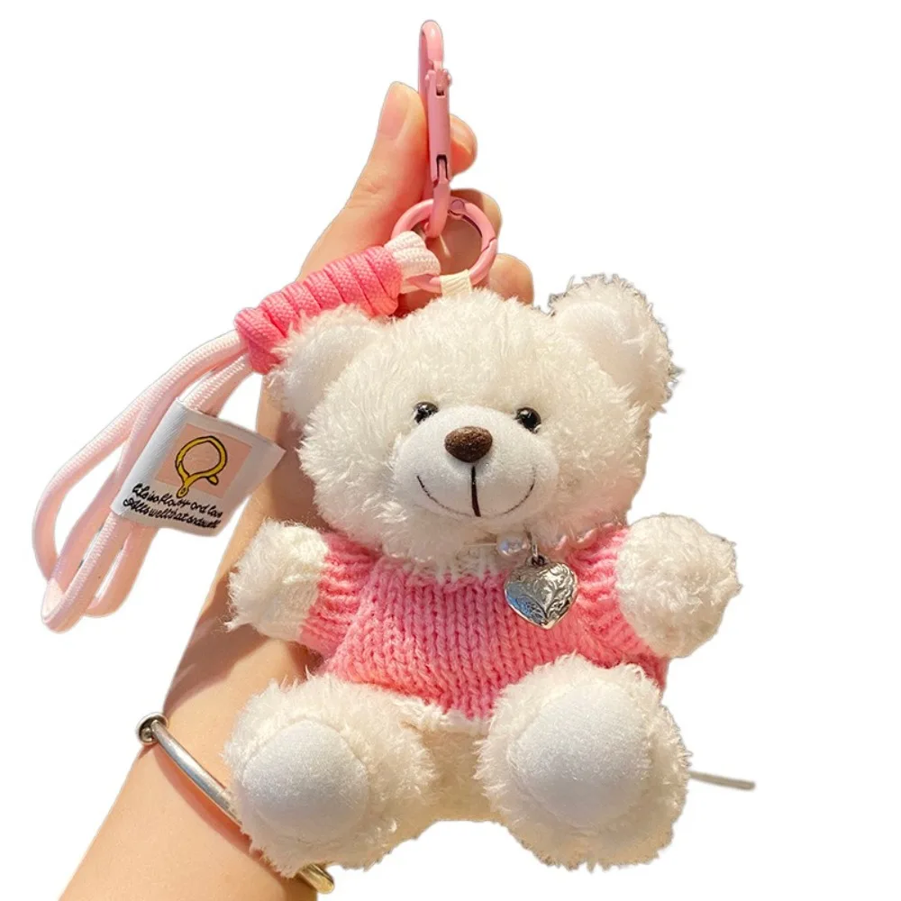 Car Key Chain Goggles Pilot Bear Keychain Pearl Bell Plush Bear Key Ring Hanging Rope Pink Stuffed Animal Pendant Bag