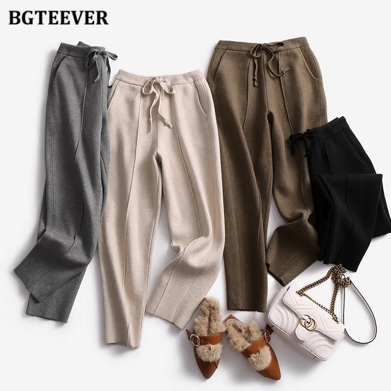 BGTEEVER Autumn Winter Warm Knitted Harem Pants Women Casual Elastic Waist Lace-up Women Sweaters Trousers