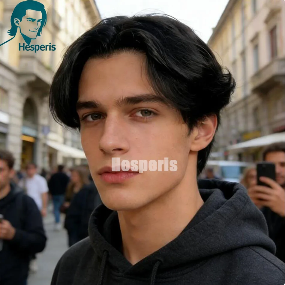 Hesperis Men's Human Hair Wig with Middle Part Short Pre-Cut Full Lace Glueless Transparent Wig for Male Styling Full Lace Wigs
