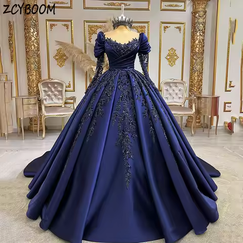Elegant Navy Blue O-Neck Sequin Appliques Long Sleeves Quinceanera Evening Dress 2026 Ball Gown Floor Length Princess Prom Dress