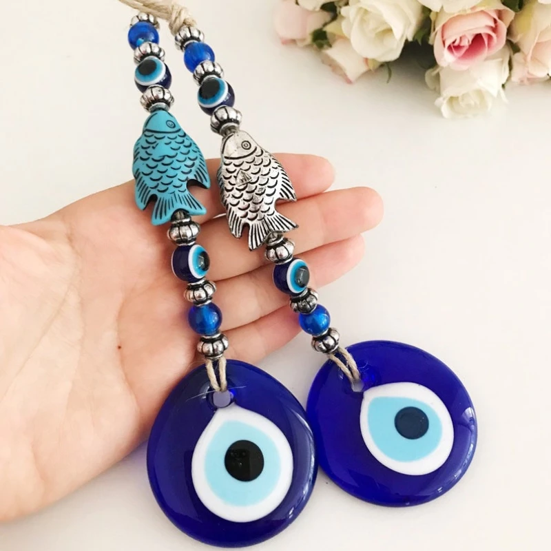 

Lucky Eye Glass Blue Turkish Evil Eye Pendant Wall Hanging Bead Evil Eye Wall Decor Handmade Decoration Fish Charm Room Car Gift