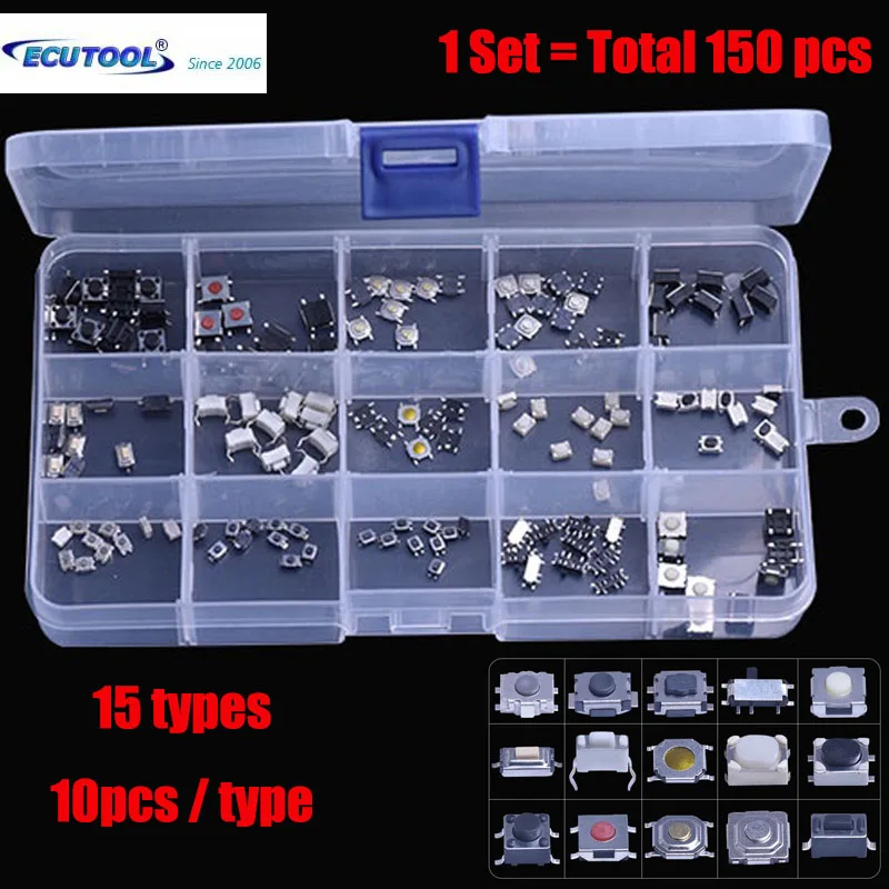 150 قطعة مفتاح السيارة عن بعد فوب مايكرو زر مفاتيح طقم تصليح-15 نوعا اللمس التبديل التعبئة المختلطة ، مع صندوق بلاستيكي