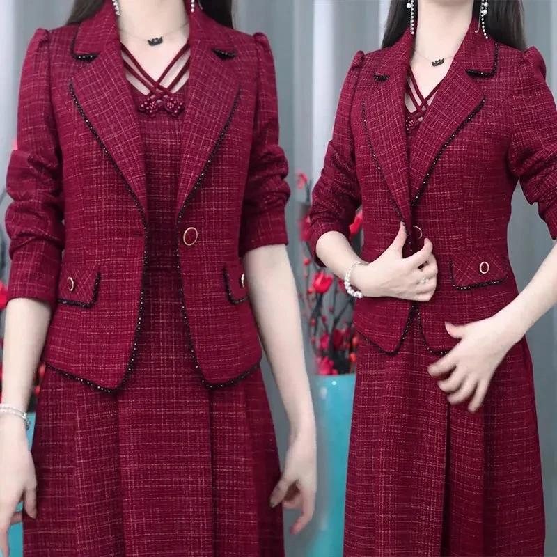 Gaun wanita paruh baya, set gaun wanita paruh baya musim semi musim gugur High End elegan Blazer mantel dan gaun panjang 2 potong gaun temperamen OL wanita