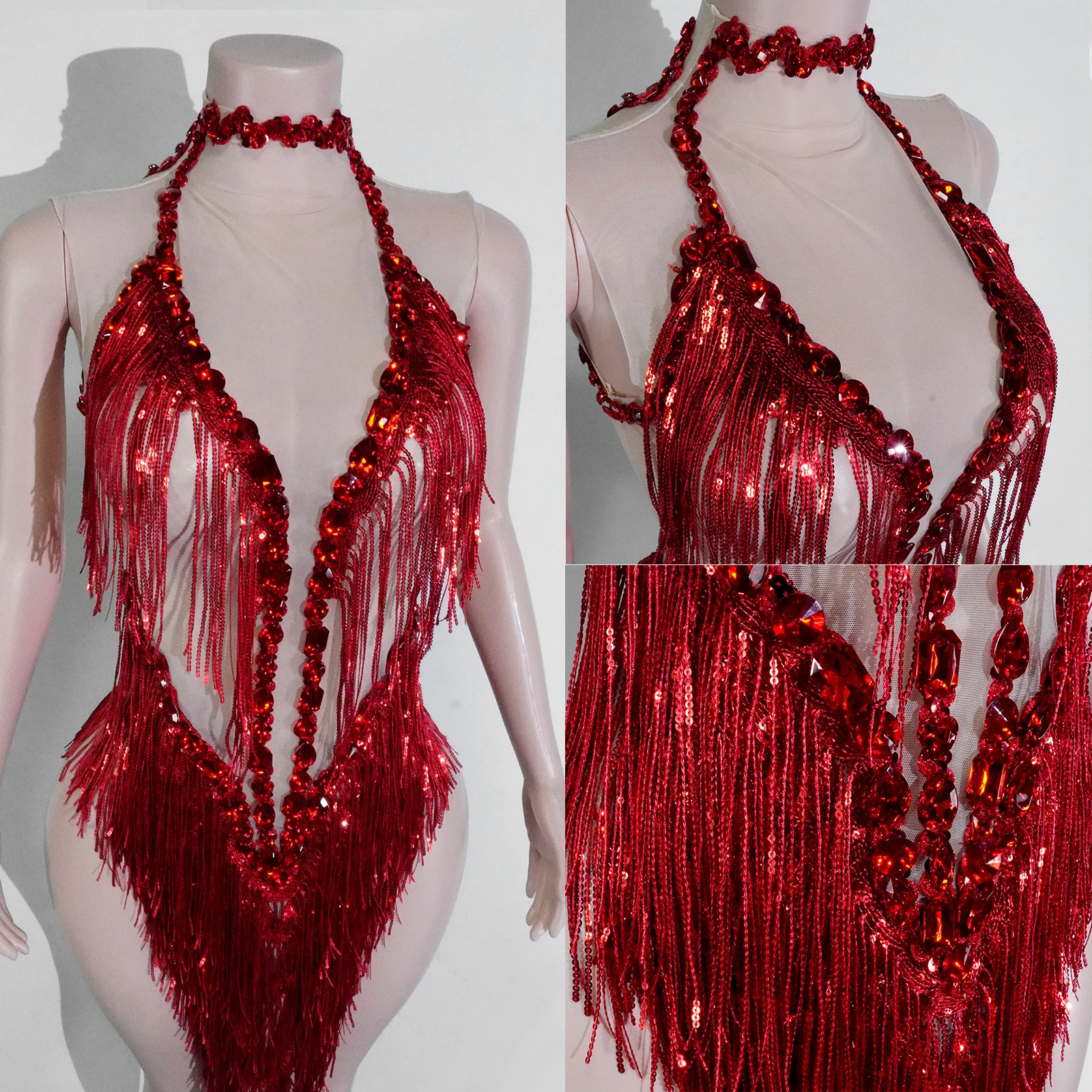 Kostium do tańca latynoamerykańskiego, błyszcząca czerwona sukienka mini z dżetami, frędzlami, prześwitująca, strój dla piosenkarki, na studniówkę, do tańca na rurze, na występ, strój drag queen