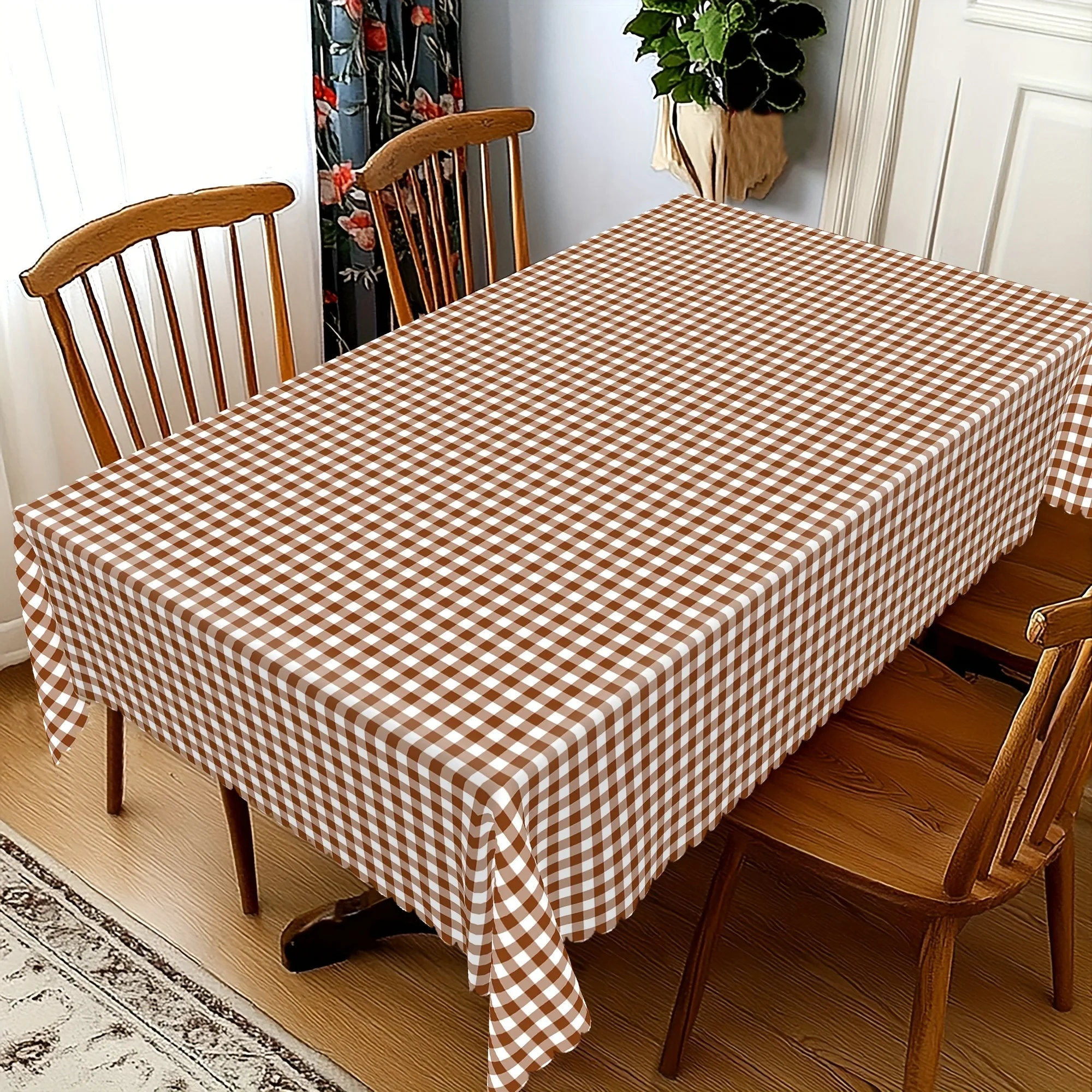 One tablecloth with a classic brown and white check pattern, made of easy-to-clean and durable polyester fiber.