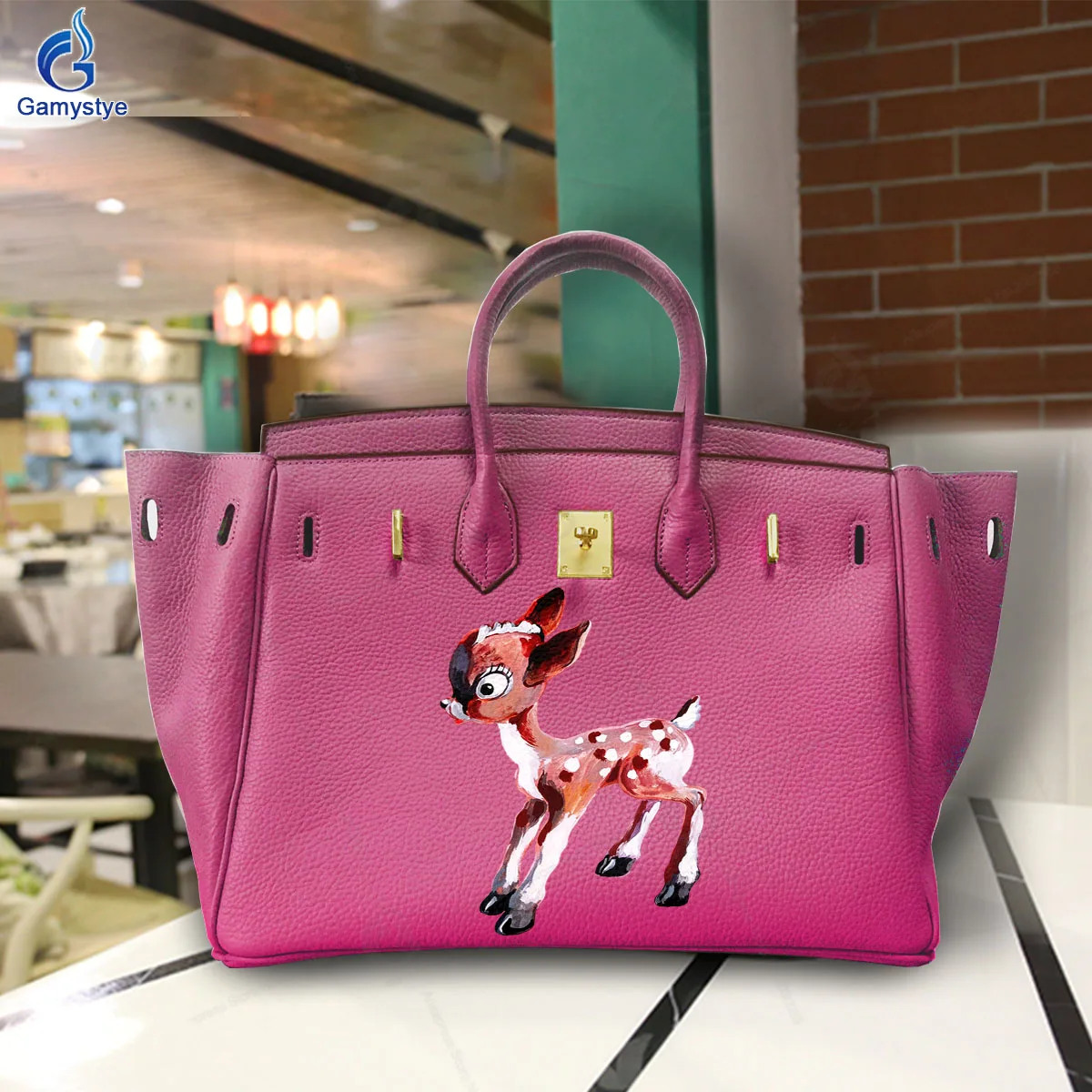 Art Print A cute little deer Customize Totes Genuine Leather For women Handbags Designer Shoulder Bag Gold Lock Hardware Fashion