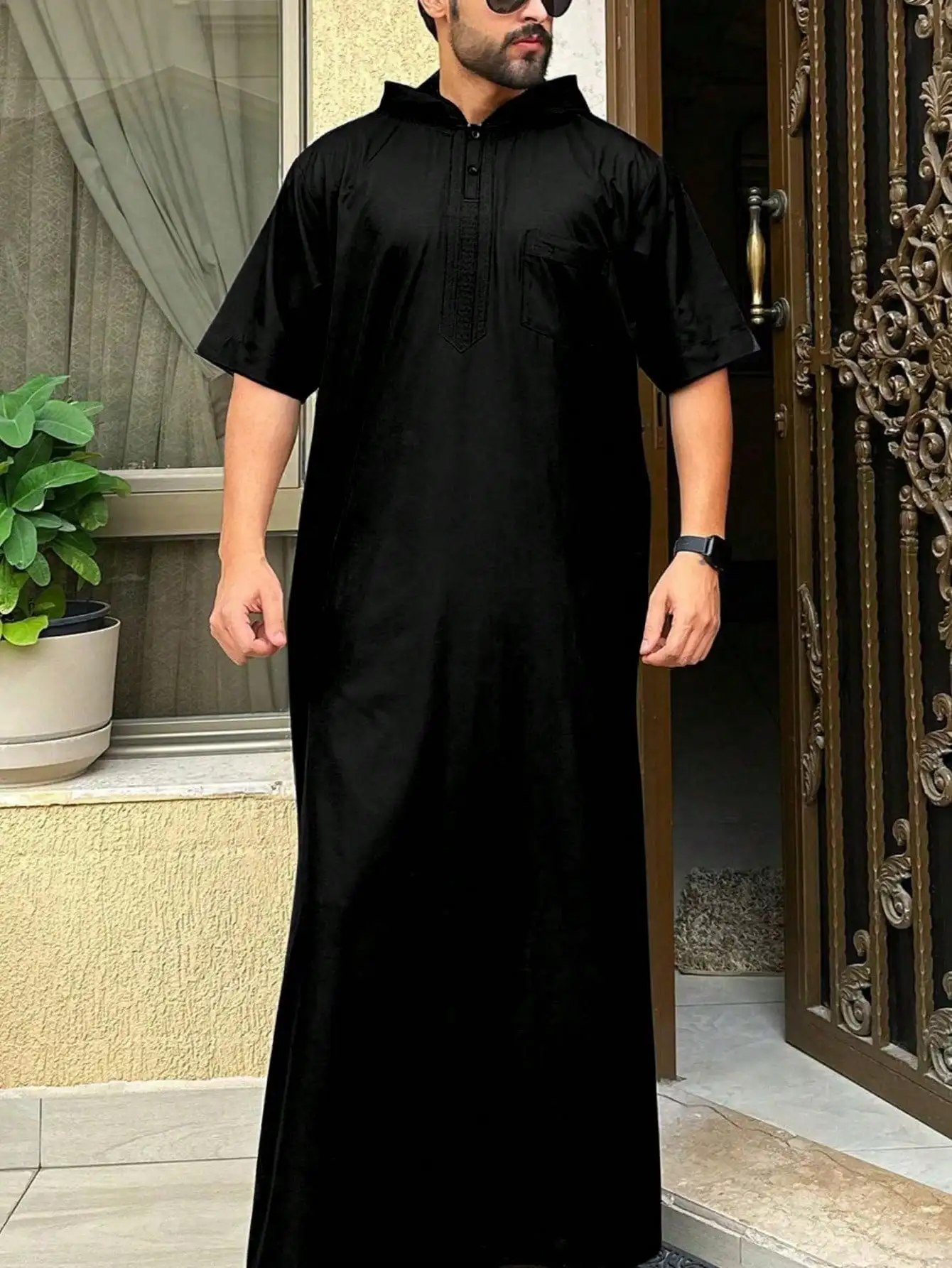 Muslim Men's Thobes, Short-Sleeved Hooded Ethnic Style Embroidered Arabic Robe, Men's Holiday Casual Traditional Clothing