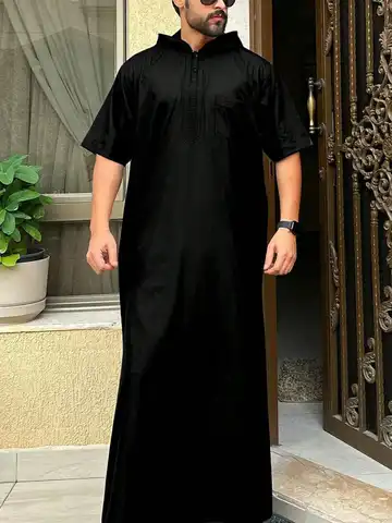 Muslim men's Thobes, short-sleeved hooded ethnic style embroidered Arabic robe, men's holiday casual traditional clothing