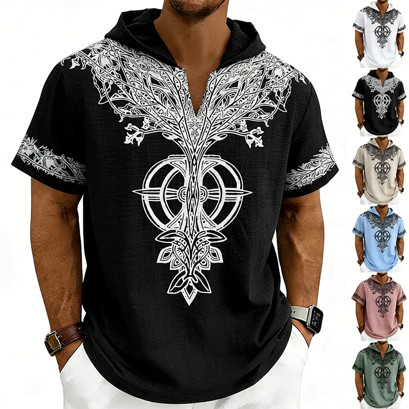 Men's Viking Tree of Life Print Hooded Henley Shirt | Short Sleeve Linen Blend Casual Top (Multi-Color)
