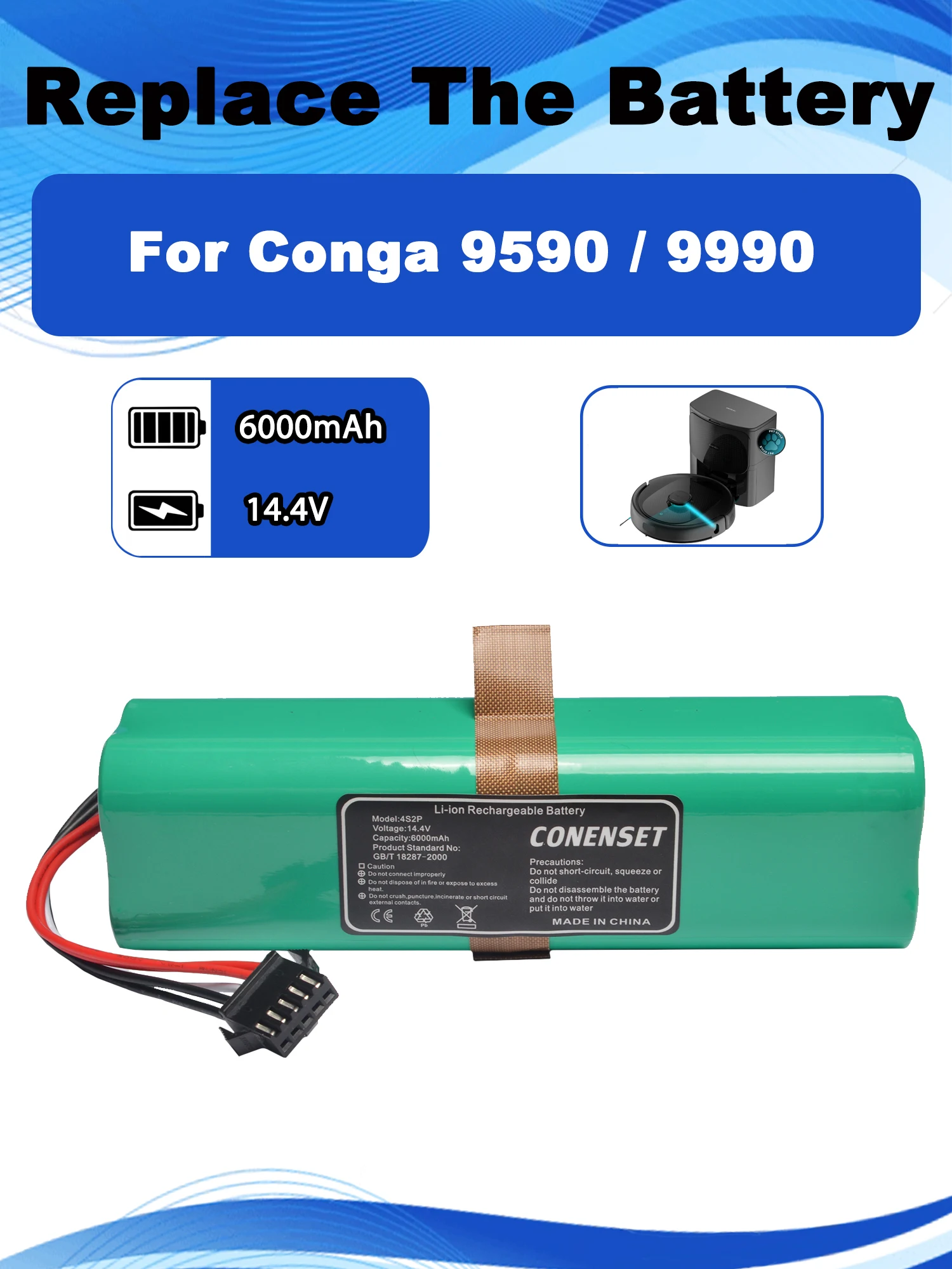 14.4V 6000mAh Replacement Battery For Conga 9590 9990Ai Spin Revolution Ultra Power Home Robot Vacuum Cleaner Accessories