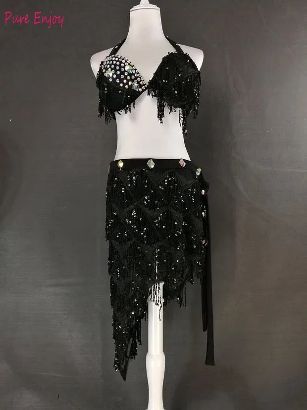 Conjunto de Práticas de Dança Oriental Top e Saia, Tamanho Feito Sob Encomenda, Saia Curta Sexy, Trajes de Dança do Ventre, Diamante, Verão, Novo, 2 Unidades