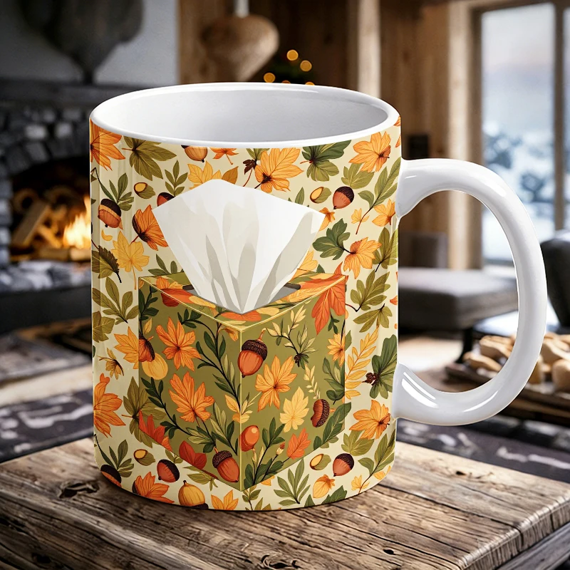 

Fall Acorn Tissue Box Illusion Mug Vintage Leaves Coffee Cup 3D Optical Illusion Ceramic Water Cup for Fall Thanksgiving Gift