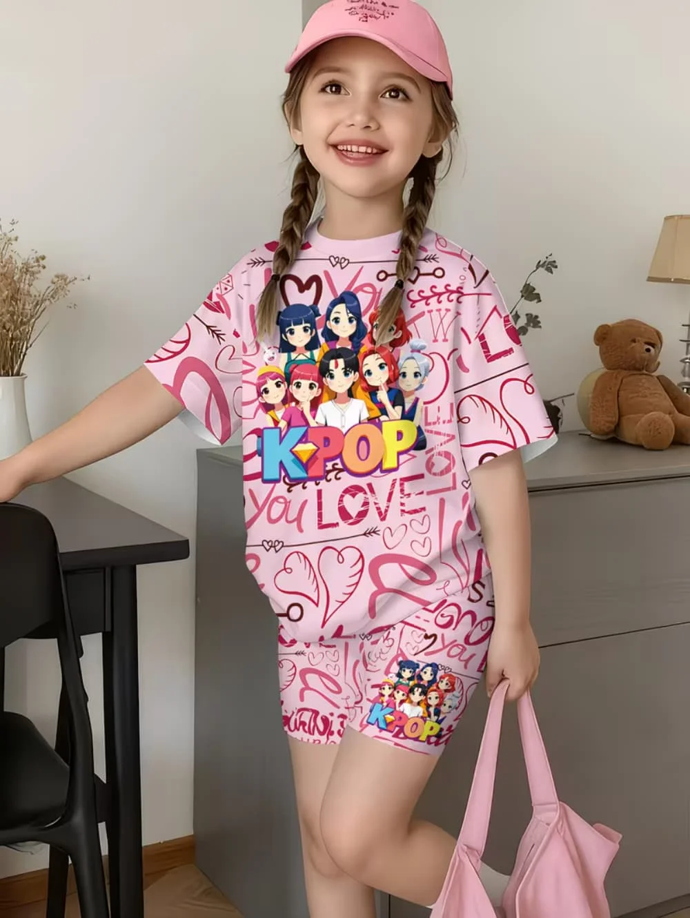 Ensembles de pyjamas imprimés de dessins animés Kpop, t-shirts pour enfants, cadeau amusant, hauts d'été courts Harajuku pour enfants, ensembles à manches courtes, vêtements pour enfants