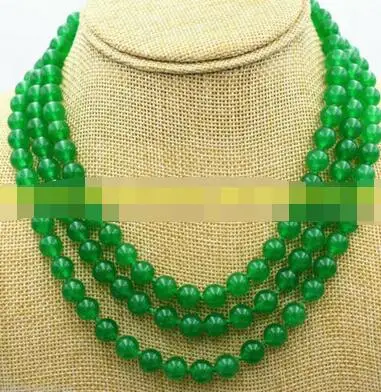 3Rows 8mm Genuine Green Jade & Red Ruby 3 Rows Necklace