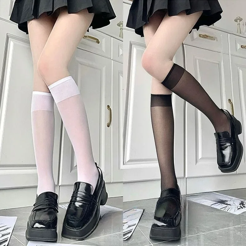 1/4 pasang stoking Lolita kaus kaki tinggi lutut wanita musim panas Cosplay lucu anak perempuan nilon JK seksi transparan stoking elastis tinggi