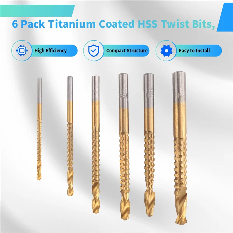

LLCS-6 Pack Titanium Coated HSS Twist Bits, 3-8Mm Serrated Side Cut Bits Woodworking Tools For Plastic Metal Wood Holes