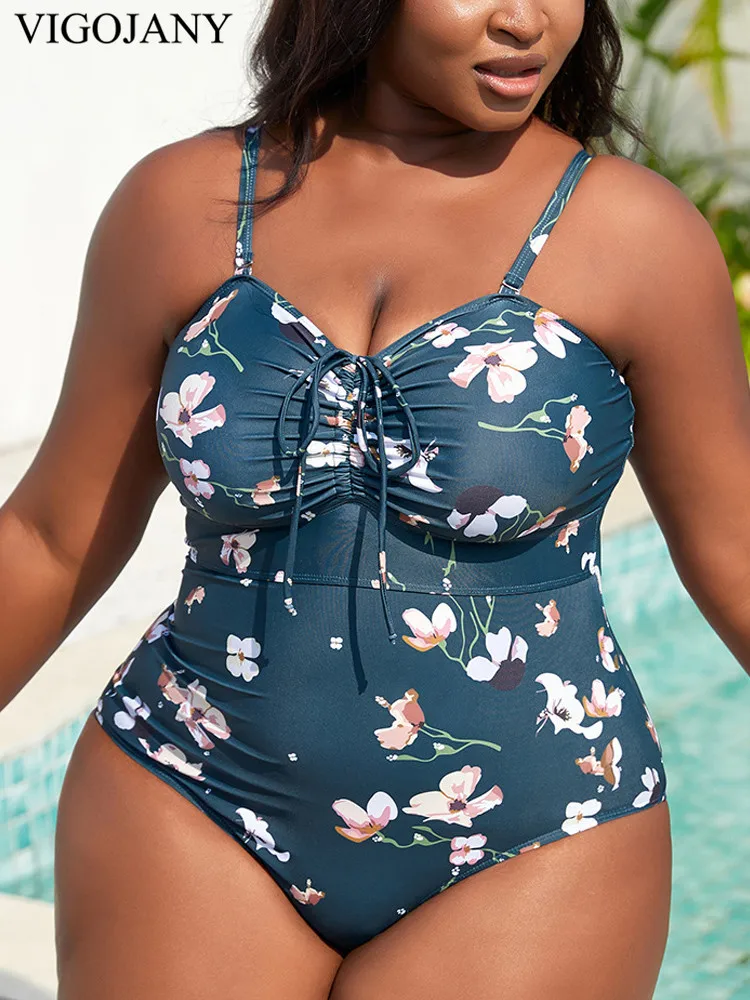 VigoJany 2024 Sexy Print Strapped Plus Size Swimwear Women Push UP Large One Piece Swimsuit Summer Beach Chubby Bathing Suit