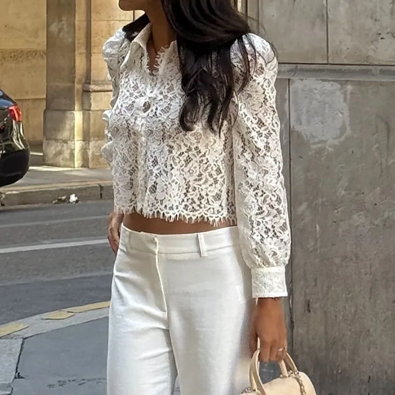 

New Summer Lace Printed Shirts Tops Female Hollow Out Fashion Commute Vintage See-Through Blouse Women's Lace Top Blusa Harajuku