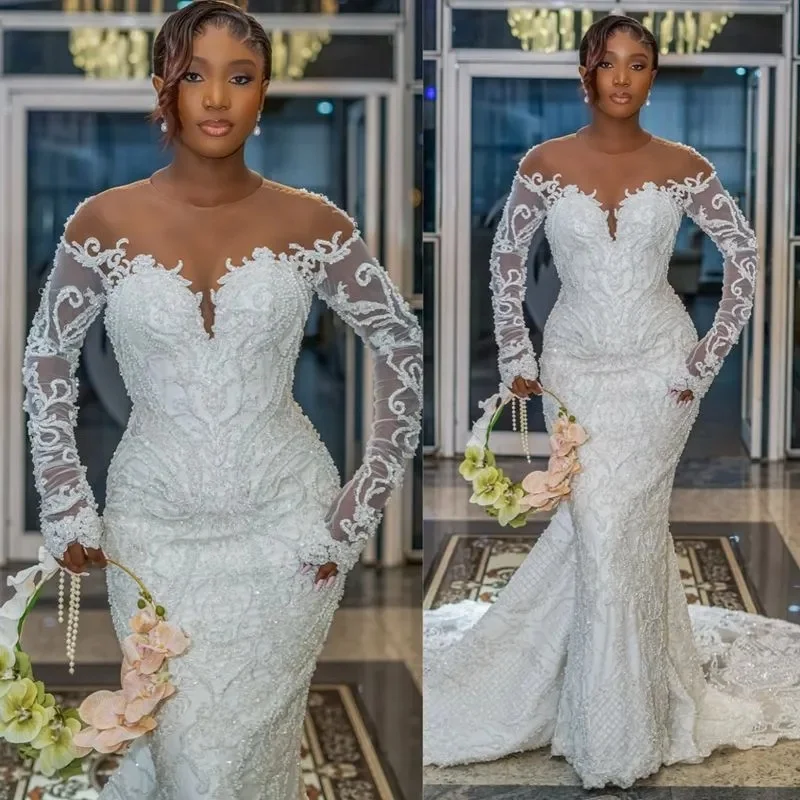 Personalizado plus size vestido de casamento africano vestidos de noiva para noiva sereia sheer neck mangas compridas ilusão appliqued frisado renda