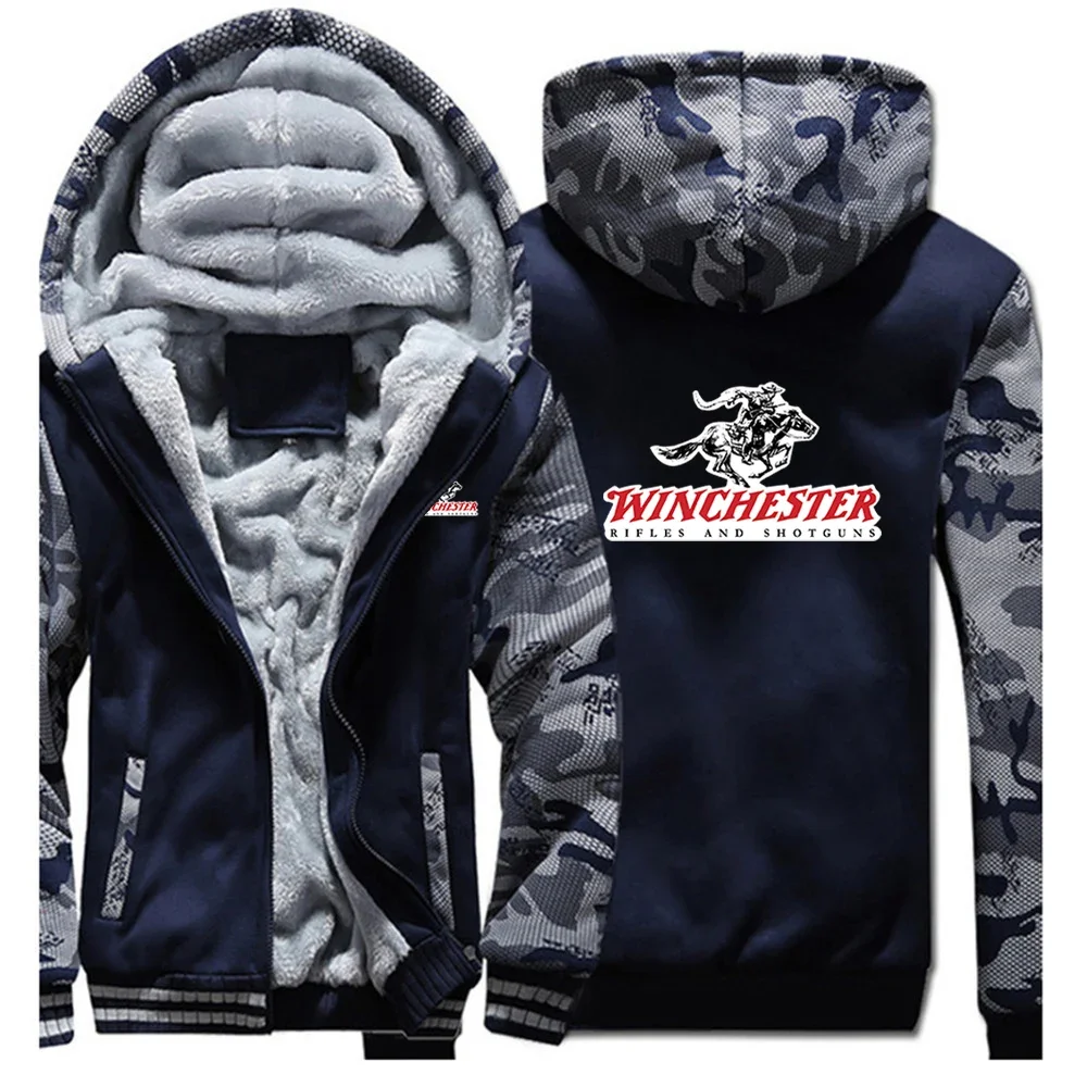 2024 New Printing Men Winchester Rifles Sweatshirts Autumn and Winter Thicken Fleece Hip Hop Fashion Zippered Hoodie Tops