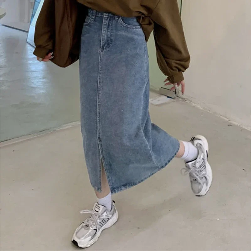 2024 donne A vita alta selvaggio fessura gonne Jeans ragazze Vintage Y2k vestiti Denim vestito femminile Harajuku blu Streetwear una linea gonne