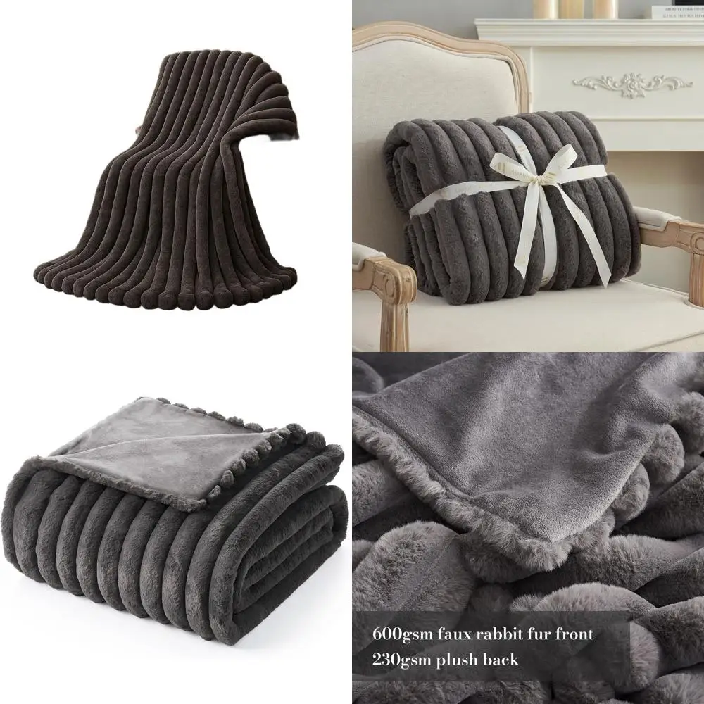 

Luxurious Striped Faux Fur Blanket, 60x80, Plush and Cozy for Sofa, Chair, Bedroom - Charcoal Grey