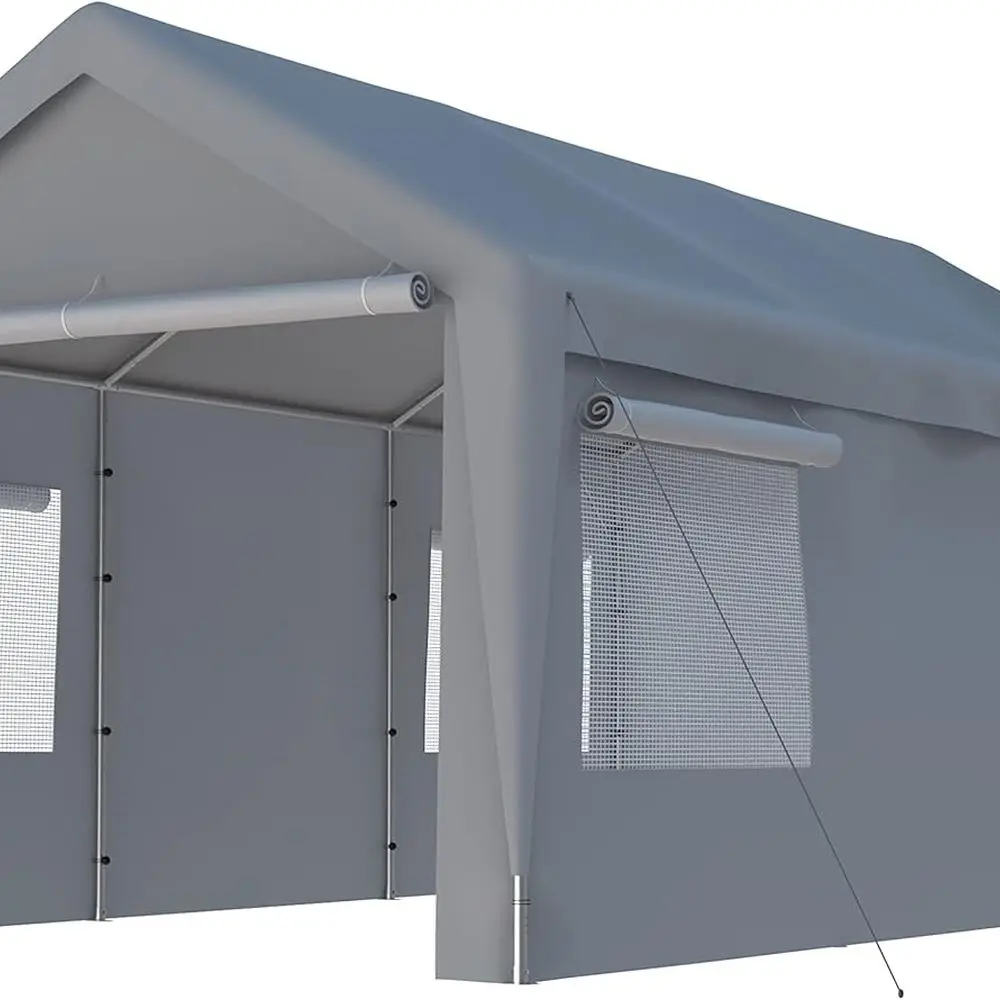 

10x20ft Portable Carport with Clear Roll-up Windows, Detachable Sides, Suitable for Cars, Trucks, and Boats, Grey