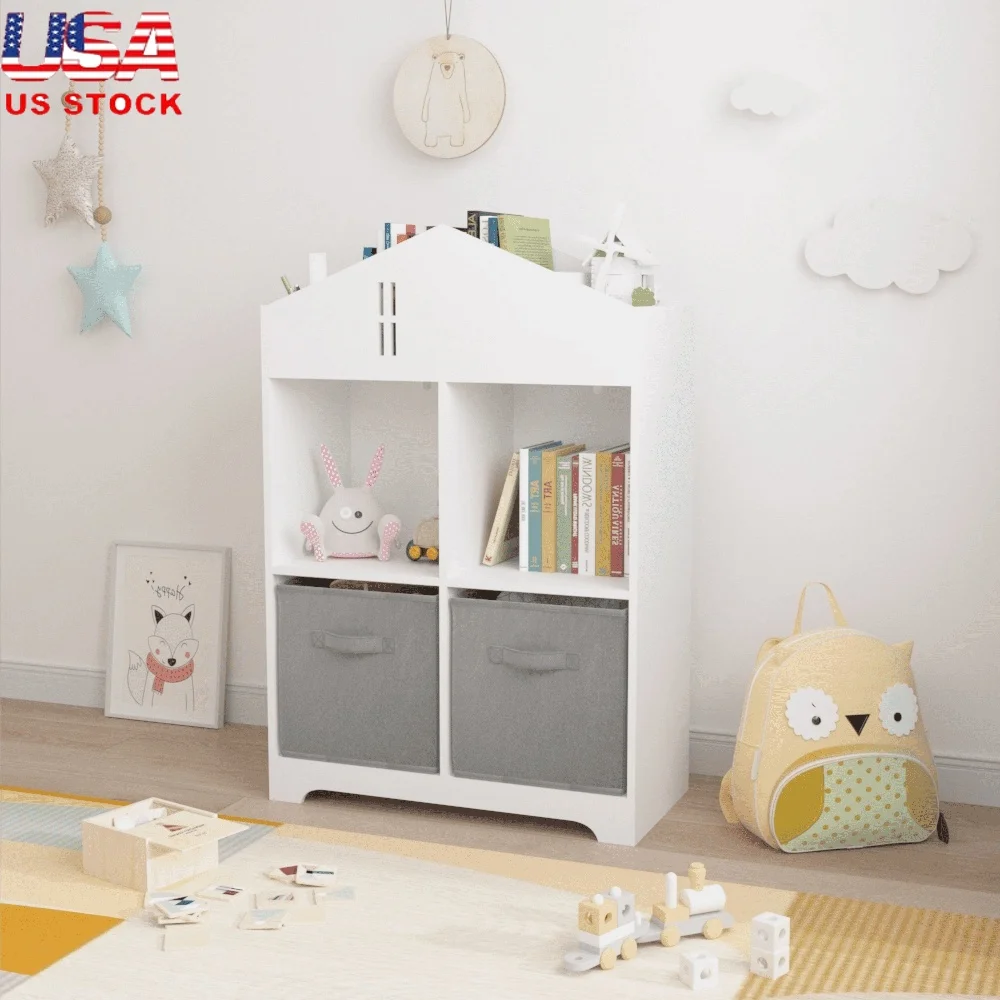 

4-Cube Storage Organizer with 2 Fabric Bins Kids Dollhouse Bookcase Multi-layer Shelving Easy Assembly Living Room Bedroom