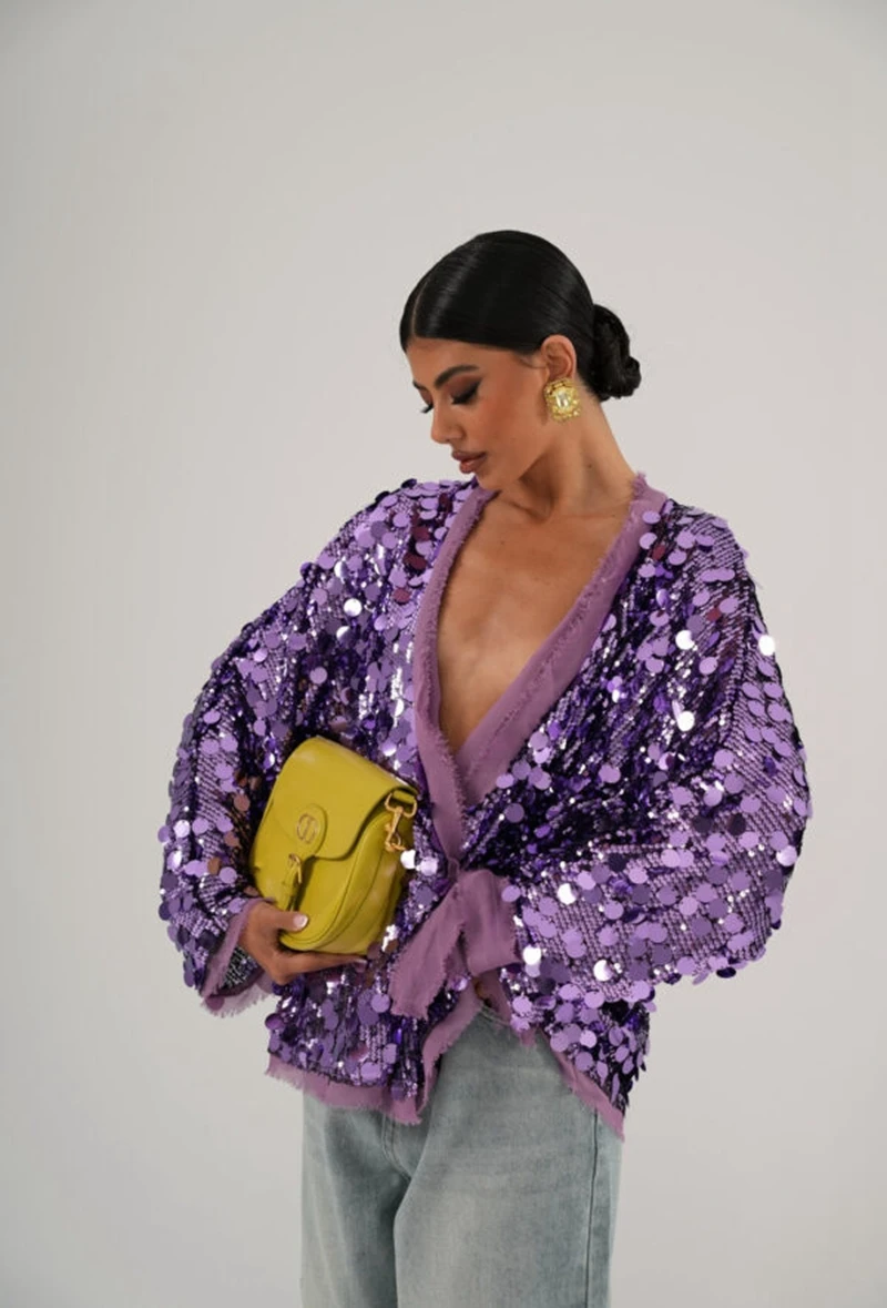 

STYLISH LADY блестящая верхняя одежда с блестками, осень 2022, женская блестящая куртка с длинным рукавом и v-образным вырезом на шнуровке, сексуальная клубная вечеринка, верхняя одежда