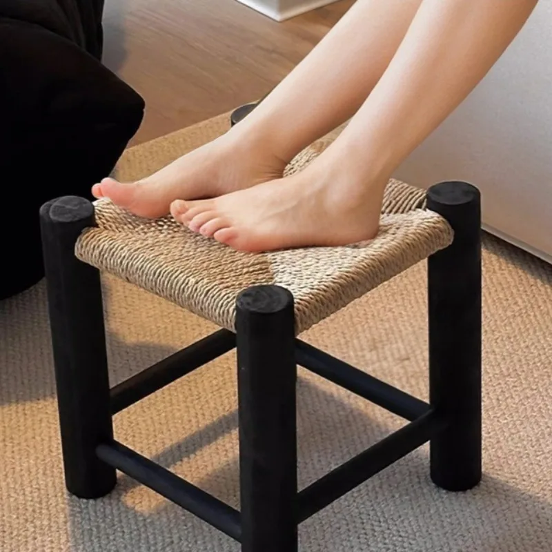 Solid Wood Rattan Stool Retro Light Luxury High-end Chair in The Living Room Ancient Style Wabi Sabi