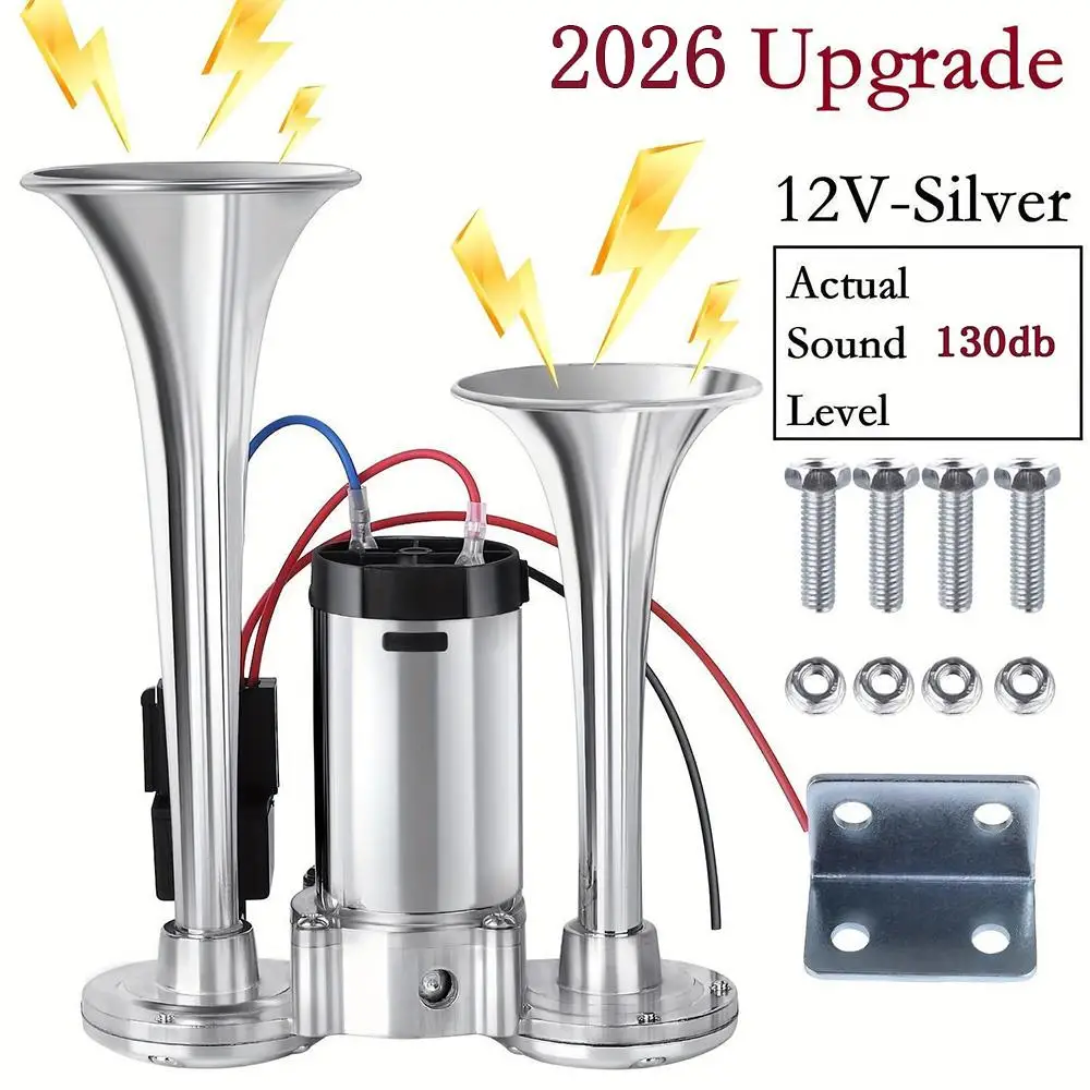 2026 Upgraded 12V 130dB Super Loud Dual Trumpet Air Horn Kit with Compressor Electric Train Horn Universal for Vehicles Trucks Cars Pickups SUVs Boats Lorries Heavy Duty Home Security Alarm Silver Black