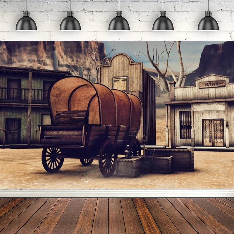 Vintage Western Street Town Photography Backdrop Wild West Wooden Cart Crates Retro Bank Aged Cabin Background Old Wood Saloon