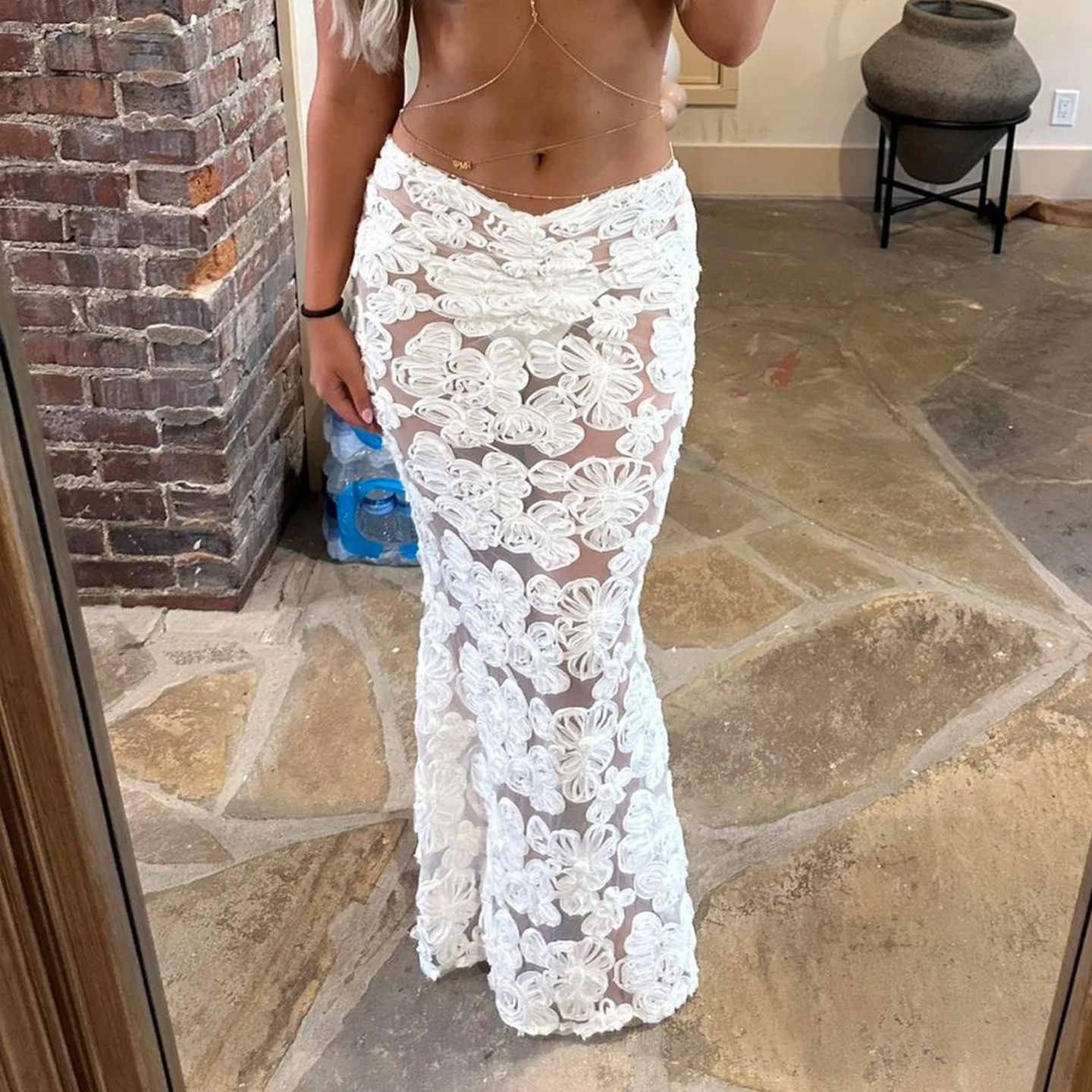 Beach Vacation Style Lace See-through Tail Skirt Half-length Polyester Fabric Fish Tail Design Elegant Fashionable Teen Girls