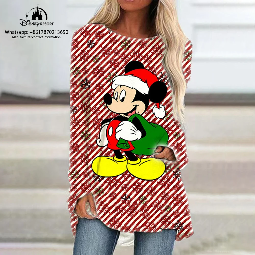 Mickey and Minnie Anime Christmas Fall New Women's Round Neck Loose Long Sleeve T Shirt Disney Fashion Casual Raglan Dress