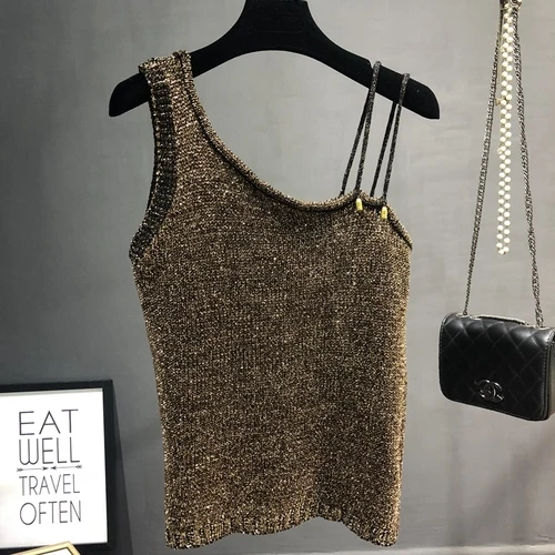 GC 2026 Summer New Sexy Inclined Shoulder Joker Sweater Vest Show Thin Shiny Bright Silk Easy Ins Condole Top Female
