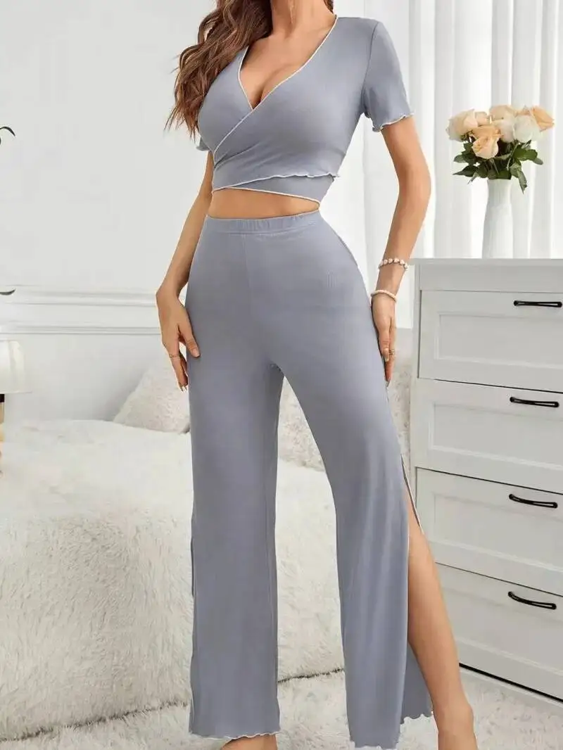 2025 New Home Sleepwear Women's Solid Color Pants Set High-end Sweet Bow Slimming Split Long Pants Loungewear Pants Sets KIBK
